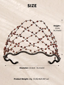 Detail view of crystal headband with honeycomb mesh and dimensions in inches and centimeters