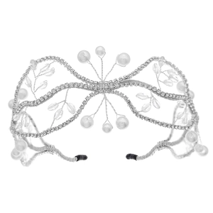 Ethnic handmade bridal headband with pearls, crystals and silver wire bow frame