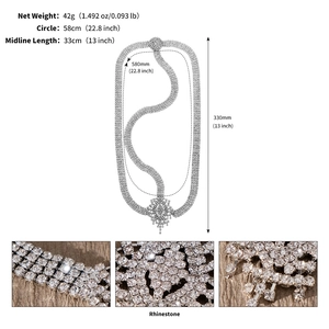 Detailed size specifications of silver rhinestone head chain with weight and length markers