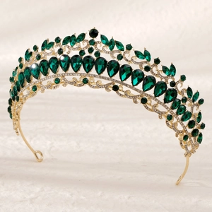 Luxurious gold bridal crown with deep green marquise crystals and sparkling white rhinestones