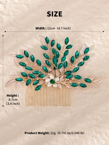 Detailed view of handmade green rhinestone leaf bridal hair comb with size measurements