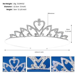 Detailed size specifications for a sparkling rhinestone heart tiara for young girls
