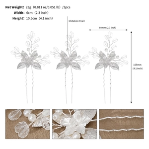 Detailed view of silver bridal hair pins set with pearls and leaf designs showing dimensions