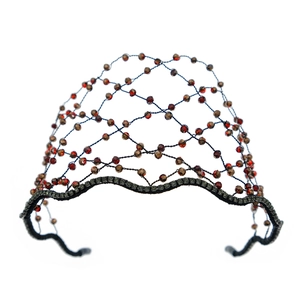 Handcrafted mesh bridal crown with red crystal beads and rhinestone-studded headband