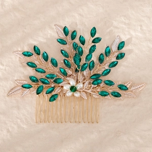 Pettine per capelli sposa vintage con strass verde smeraldo e perle dorate