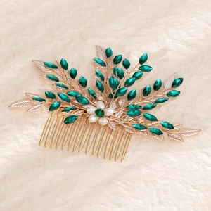 Pettine per capelli sposa vintage con cristalli verdi, foglie d'oro e perle