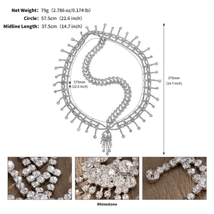 Detailed view of rhinestone fringe headpiece with measurement data for weight and length