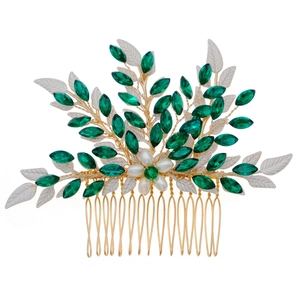 Pettine per capelli da sposa dorato con foglie di smeraldo in stile vintage botanico