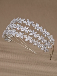 Detail of silver triple-layered headband with sparkling marquise and round cut zircons