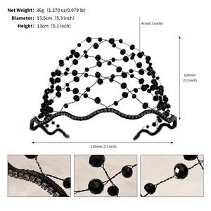 Detail view of woven black acrylic crystal beads and metal wire base for party headband