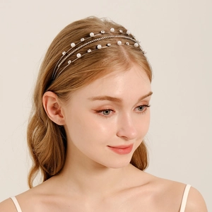 Eleganter Mehrlagiger Silberfarbener Legierungs Strass Künstliche Perlen Haarreif Für Braut Hochzeit Party Haarschmuck Damen Haarband