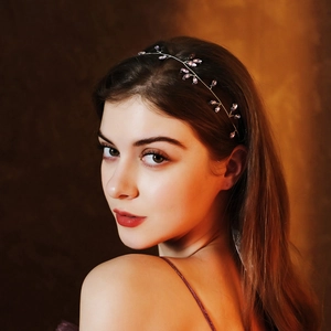 Handmade Purple Crystal Bridal Hair Vine Aesthetic Mori Style Beaded Leaf Headband With Organza Ribbon For Wedding Party Women Jewelry