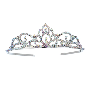 Close-up of silver princess crown with rainbow rhinestones and vine patterns for girls