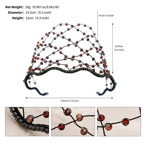 Detail view of woven crystal headband with red beads and 13.5cm diameter specs