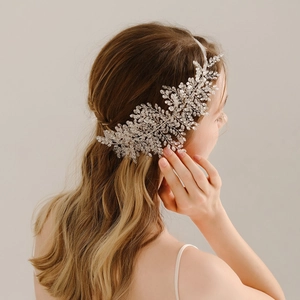 Double-row crystal bridal headband with handcrafted silver leaf beads for weddings