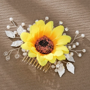 Handmade sunflower hair comb with white pearls and silver leaves for bridal styling