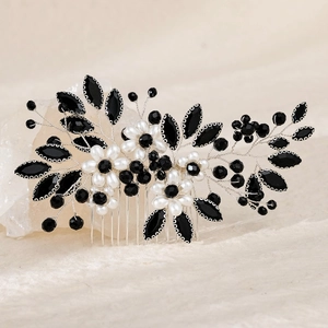 Handmade bridal hair comb with vintage black rhinestones and white pearls on silver wire