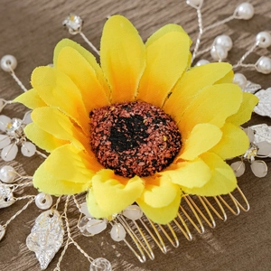 Handmade yellow sunflower hair comb with pearls and silver leaves for bridal wedding hairstyles