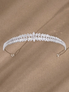 Detailed close-up of multi-layer marquise-cut zircon bridal headband in silver finish