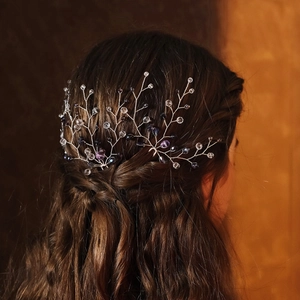 Exquisite bridal hair pin with silver wire and purple crystal beads for wedding hair styles