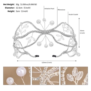 Detailed size specifications for crystal bridal tiara showing 12.5cm diameter and weight