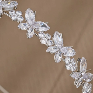 Luxurious silver bridal headband with marquise and round zircon crystals in a claw setting