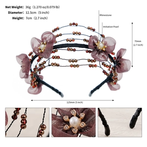 Close-up of handmade bridal headband featuring dark red mesh petals and crystal beads