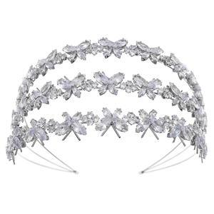 Elegant silver tiered headband featuring sparkling zircon butterflies and crystal floral design
