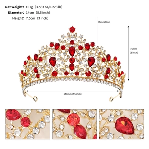 Détails de la couronne de mariée de luxe avec strass rouges, diamètre 140 mm et hauteur 75 mm