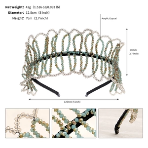 Detail showing dimensions and macro shots of the crystal beaded bridal headband with size specs