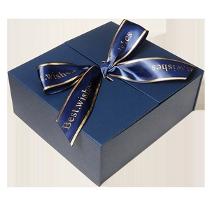 Deep blue square gift box with gold-edged satin ribbon and Best Wishes printing