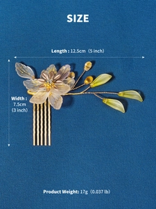 Detailed size view of traditional Chinese style hair comb with resin flower and pearls