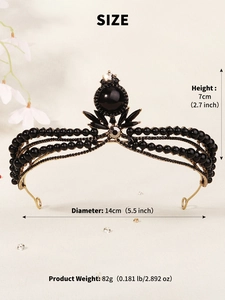 Detailed size specifications for vintage black beaded bridal crown with gold metal base