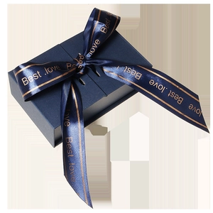 Close-up of deep blue jewelry gift box featuring a satin bow and gold Best Love text