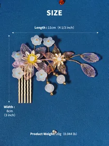Size chart showing 11cm length and 8cm width of the purple resin floral hair comb