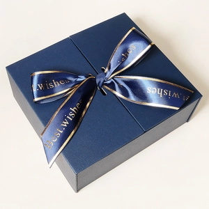 Deep blue elegant gift box with gold-edged ribbon and double-door opening design