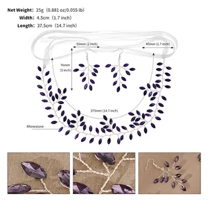 Detailed measurement chart of bridal headband and earrings set with purple rhinestones