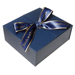 Deep blue square gift box with gold-edged Best Wishes ribbon for jewelry and presents
