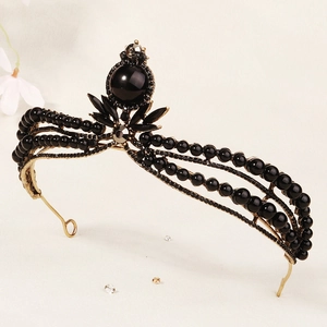 Vintage French bridal crown featuring black rhinestones and gold alloy frame for weddings
