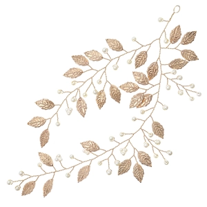 Serre-tête de mariée doré avec feuilles métalliques et perles blanches en vigne