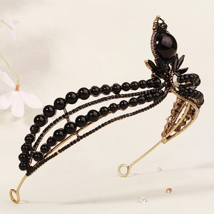 French vintage gold bridal crown with black pearls and crystals for wedding party