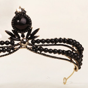 French vintage black pearl bridal crown with rhinestones for elegant wedding party accessories