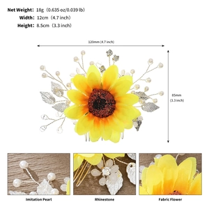 Detail view of handmade sunflower hair comb with faux pearls and rhinestones size info