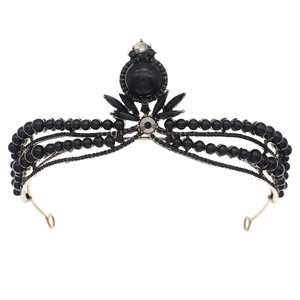 French vintage black bridal crown with gold base and rhinestones for wedding banquets