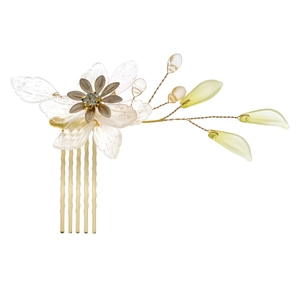 Exquisite flower hair comb with white resin petals, blue gemstone and gold wire details