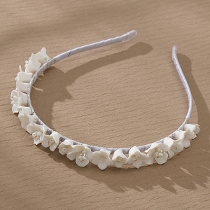 Elegant bridal floral headband with white ceramic flowers and lavender silk fabric wrap