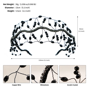 Detail view of black bridal crown with dimensions, weight, and material specifications
