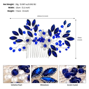 Detail view of sapphire blue rhinestone bridal hair comb with dimensions and materials