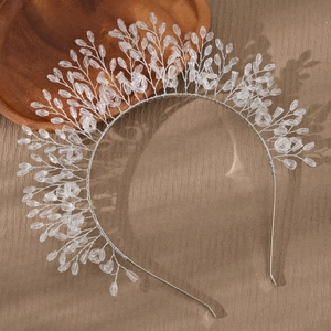 Luxurious silver handmade bridal headband with clear crystal beads in branch design