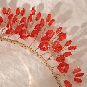 Luxurious handmade gold wire bridal crown with red crystal beads and vintage craftmanship